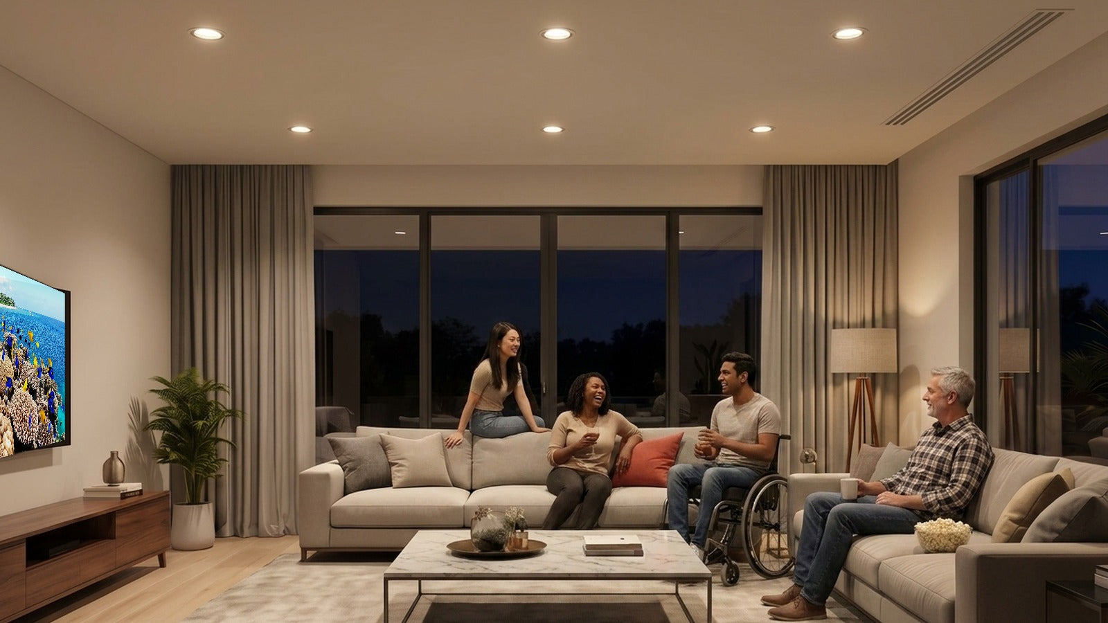 Room with Lotron smart colour downlights on