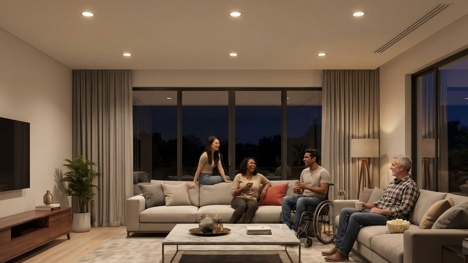 Room with Lotron smart colour downlights on