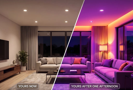 Living room before and after smart colour downlights, yours after one afternoon